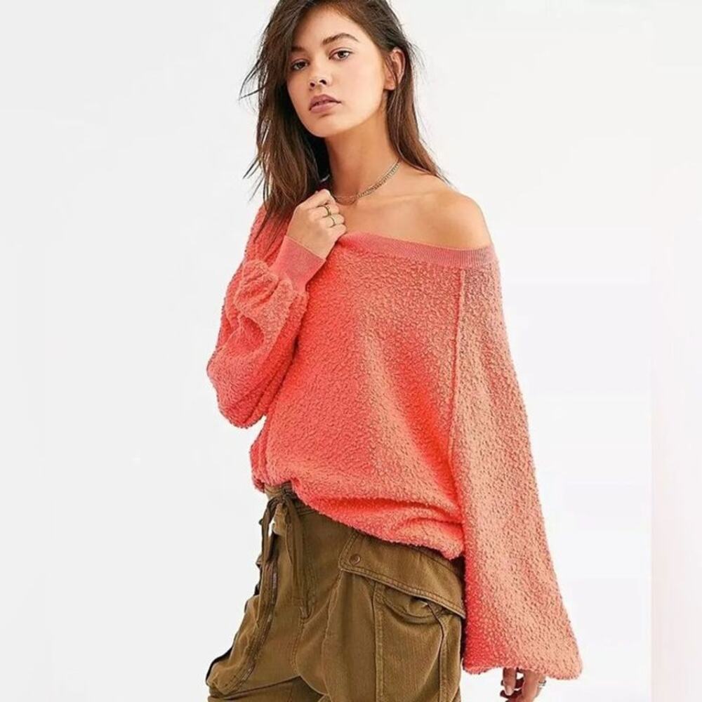 Free People Found My Friend Boucle Oversized Cotton Sweater Cactus Bloom Coral
